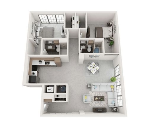 Floor plan for 2 beds, 2 baths, 1265 sqft